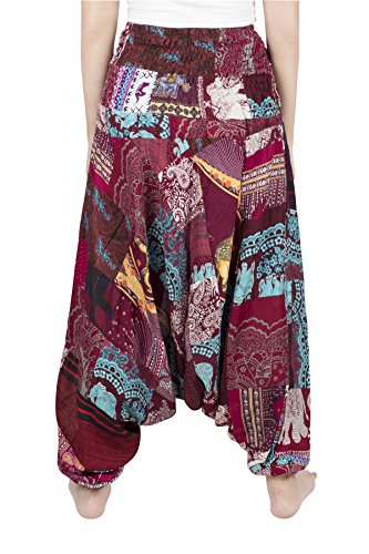 Lofbaz Jumpsuit Pantalones Parche Harem de Cintura Smocked del Pavo Real para Mujeres Una Talla - Borgoña - OS