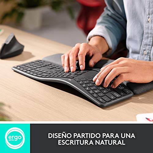 Logitech ERGO K860 Teclado inalámbrico y ergonómico - Teclado partido, reposamanos, escritura natural, conectividad Bluetooth y USB, compatible con Windows/Mac, Disposición QWERTY Español - Gris