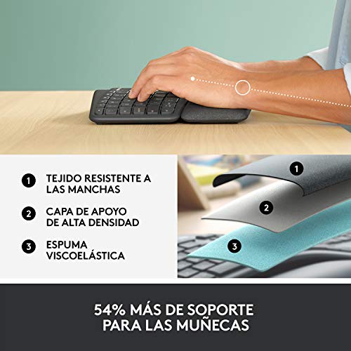 Logitech ERGO K860 Teclado inalámbrico y ergonómico - Teclado partido, reposamanos, escritura natural, conectividad Bluetooth y USB, compatible con Windows/Mac, Disposición QWERTY Español - Gris