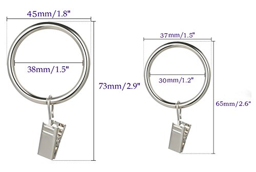 LumenTY 40 Unidades de Anillos de Cortina de Metal para Colgar con Clips para Cortinas y Varillas – 30 y 38 mm de Diámetro Interno Cortina Barra de Cortina de Gasa red con ojo fijo – Plata