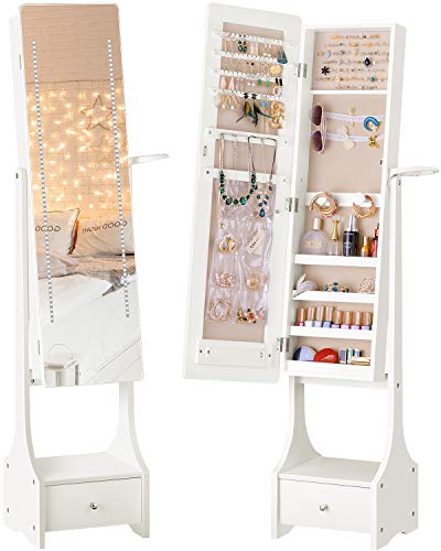 LUXFURNI - Armario con luz led para joyas, espejo de pie de cuerpo entero para maquillaje, con cerradura, organizador grande para almacenamiento de maquillaje, con cajón, color blanco