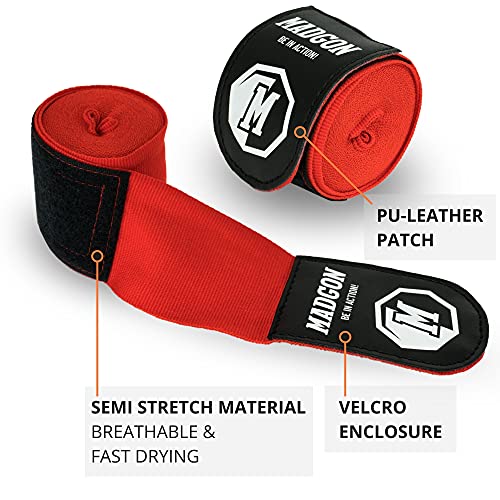 MADGON Vendas Boxeo con Correa de Velcro y Gancho para el Pulgar – 3m / 3,8 m / 4,5m – Vendaje Boxeo Duradero para MMA, Kickboxing, Sparring – Excelente Absorción del Sudor