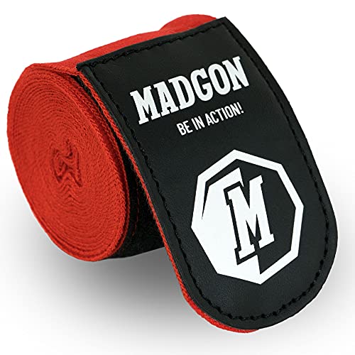 MADGON Vendas Boxeo con Correa de Velcro y Gancho para el Pulgar – 3m / 3,8 m / 4,5m – Vendaje Boxeo Duradero para MMA, Kickboxing, Sparring – Excelente Absorción del Sudor