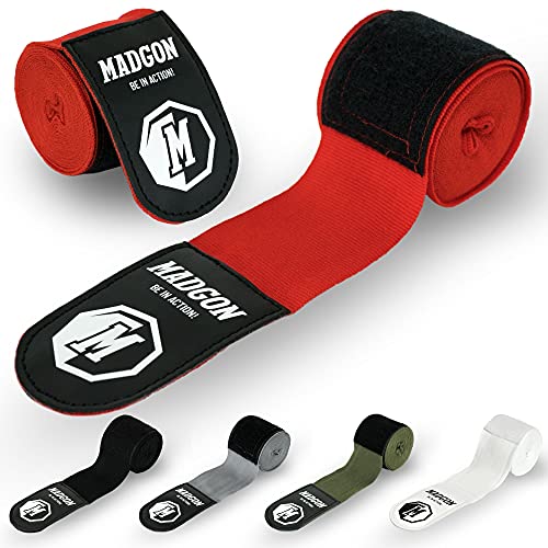 MADGON Vendas Boxeo con Correa de Velcro y Gancho para el Pulgar – 3m / 3,8 m / 4,5m – Vendaje Boxeo Duradero para MMA, Kickboxing, Sparring – Excelente Absorción del Sudor