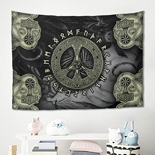 Magiböes Tapiz de pared vikingo con diseño de martillo de lobo, escandinavo, con impresión de runas escandinavas, color blanco, 200 x 150 cm