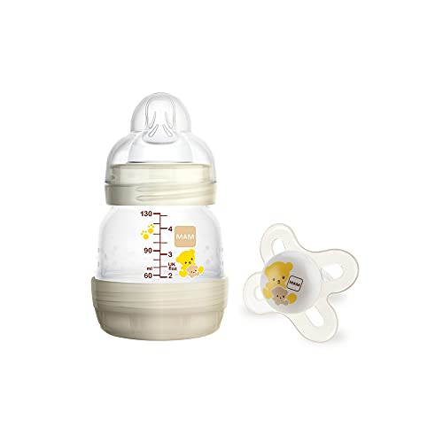 MAM Biberón Anti-Colic + Chupete Start A112 Innovador Sistema Anti-Colic patentado con Tetina 0 de Silicona SkinSoft TM ultrasuave para Bebés a partir de 0 meses, 130ml, Neutro - 1 ud