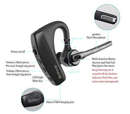 Manos Libres Auricular Bluetooth, 16H Auricular Inalámbrico Negocio CVC 8.0 con Doble Micrófono, EDR con Cancelación de Ruido en Coche para iPhone Samsung Huawei HTC XIAOMI iPad Laptop