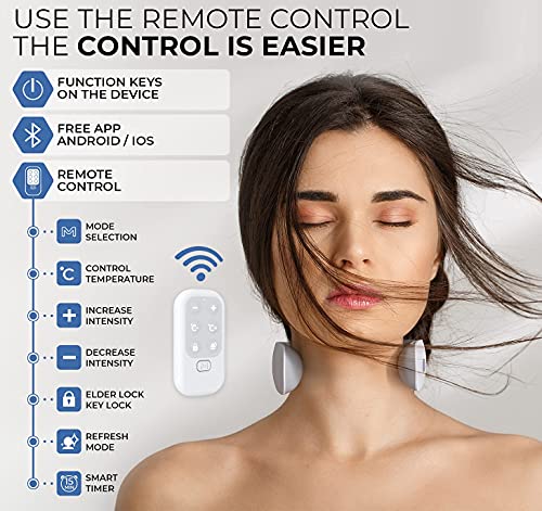 Masajeador Cervical de Cuello, Masajeador de Cuello Inteligente con Mando a Distancia, 6 Modos, 18 Intensidades, Función de Calentamiento de 3 Niveles, Ancho Ajustable, Inalámbrico, Recargable, APP