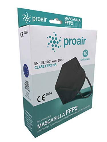 Mascarilla Protectora FFP2 NR CE 2430 EN149:2001 +A1:20009 - PROAIR - 10 Unidades + Ajustador (10, Negro)