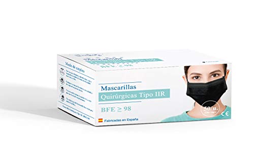 Mascarilla Quirúrgica COLOR NEGRO Tipo IIR- IBERIAN MASK Fabricada en España. 50 Unidades. Homologadas. BFE ≥ 98%…