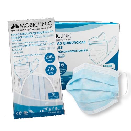 Mascarillas Quirúrgicas IIR, 50 uds, Mobiclinic, Marca Española, Mascarillas médicas homologadas, Envase individual, 3 capas, Filtración bacteriana 99,8%, norma EN 14683:2019, Marcado CE