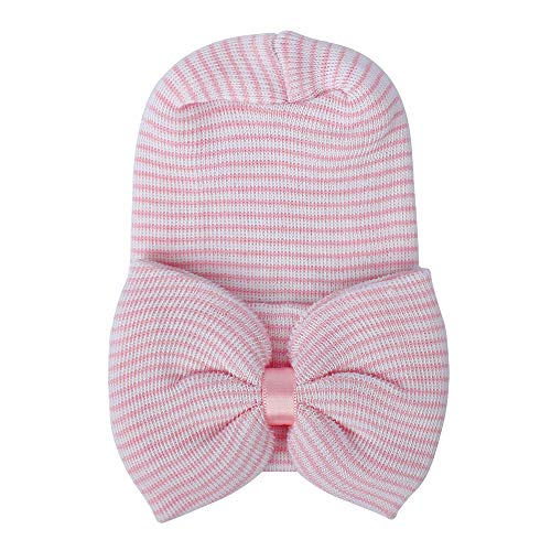 MASOCIO Gorro Bebe Recien Nacido 0-3 Meses Invierno Algodon Punto Gorros Sombrero Bebé con Bowknot Rosa Blanco (Paquete de 2)