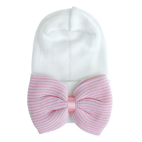 MASOCIO Gorro Bebe Recien Nacido 0-3 Meses Invierno Algodon Punto Gorros Sombrero Bebé con Bowknot Rosa Blanco (Paquete de 2)