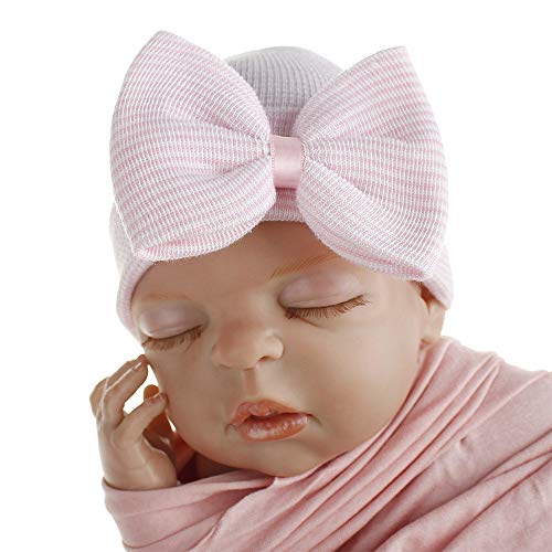 MASOCIO Gorro Bebe Recien Nacido 0-3 Meses Invierno Algodon Punto Gorros Sombrero Bebé con Bowknot Rosa Blanco (Paquete de 2)