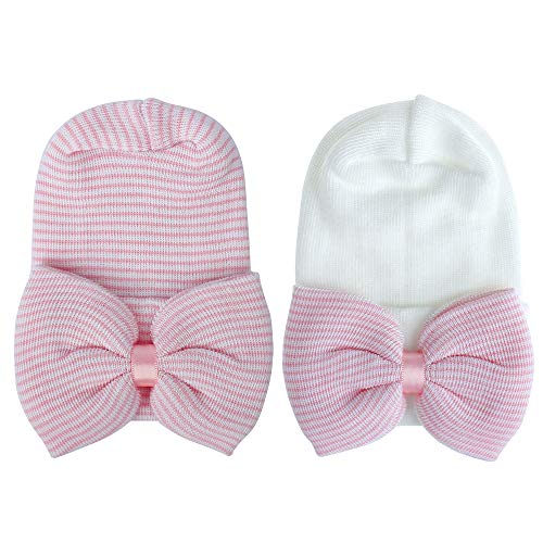 MASOCIO Gorro Bebe Recien Nacido 0-3 Meses Invierno Algodon Punto Gorros Sombrero Bebé con Bowknot Rosa Blanco (Paquete de 2)