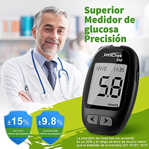 Medidor de glucosa en sangre, kit medidor azucar en sangre con codefree tiras de prueba de glucosa en sangre 50, recordatorios de prueba y 900 memorias por VivaChek Ino glucometro - mg/dL