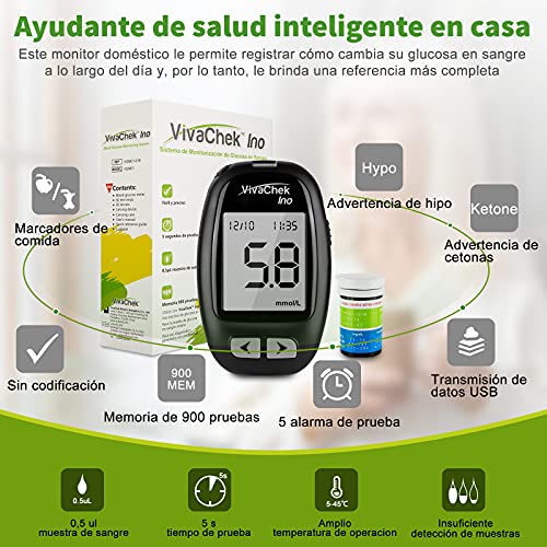 Medidor de glucosa en sangre, kit medidor azucar en sangre con codefree tiras de prueba de glucosa en sangre 50, recordatorios de prueba y 900 memorias por VivaChek Ino glucometro - mg/dL