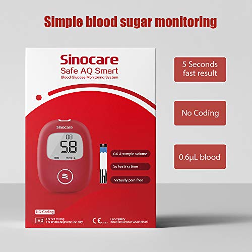 Medidor de glucosa en sangre - Safe AQ Smart - Kit de control de diabetes Kit de prueba de azúcar en sangre Sin codificación con 50 tiras de prueba de glucosa en sangre mg/dL