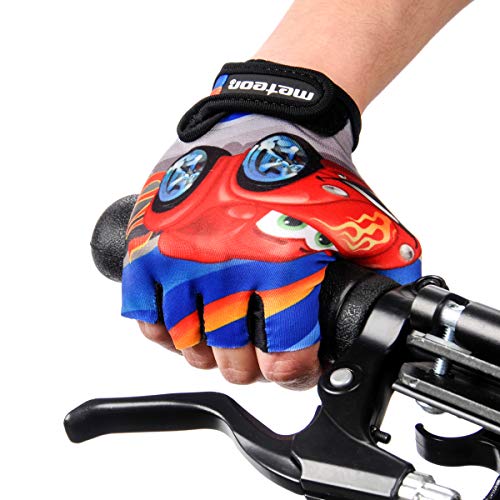 meteor Guantes de Ciclismo niñas y niños - Guantes Bicicleta para Infantil MTB BMX Carretera Montaña sin Dedos - con una Almohadilla de Gel (S ~ 6,5-7cm, Auto)