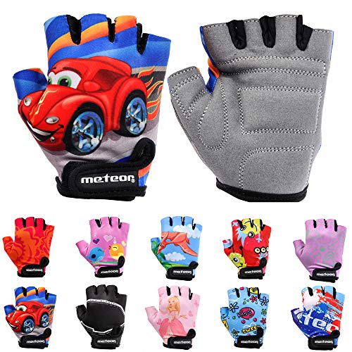 meteor Guantes de Ciclismo niñas y niños - Guantes Bicicleta para Infantil MTB BMX Carretera Montaña sin Dedos - con una Almohadilla de Gel (S ~ 6,5-7cm, Auto)