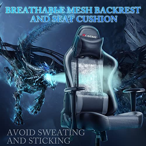 mfavour Silla Gaming Transpirable, Sillas Gamer, Sillas para Gaming con Reposacabezas y Almohada Lumbar, Silla de Juego con Reposabrazos Ajustables, Inclinación del Respaldo 165 °, Gris