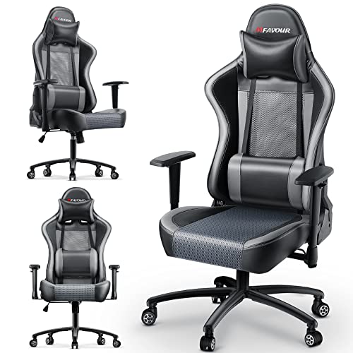 mfavour Silla Gaming Transpirable, Sillas Gamer, Sillas para Gaming con Reposacabezas y Almohada Lumbar, Silla de Juego con Reposabrazos Ajustables, Inclinación del Respaldo 165 °, Gris