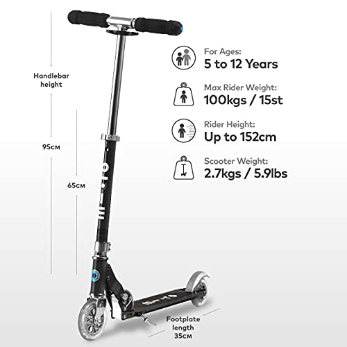 Micro® Sprite, Original Design, Patinete 2 Ruedas Plegable, +6 Años, Peso 2,85kg, Carga Máx 100Kg, Aluminio, Plataforma Antideslizante, Rodamientos ABEC 9 (Negro)