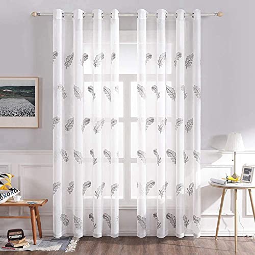 MIULEE Cortinas Bordadas de Plumas Visillo Translucido de Dormitorio Diseño Moderno Cortina Transparente para Ventana Salon Cuarto de Niño Cocina Habitación Infatil 2 Hojas 140x175cm Pluma Gris