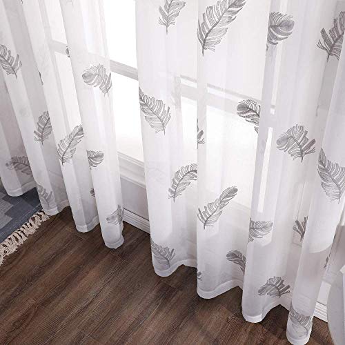 MIULEE Cortinas Bordadas de Plumas Visillo Translucido de Dormitorio Diseño Moderno Cortina Transparente para Ventana Salon Cuarto de Niño Cocina Habitación Infatil 2 Hojas 140x175cm Pluma Gris