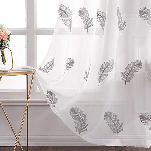 MIULEE Cortinas Bordadas de Plumas Visillo Translucido de Dormitorio Diseño Moderno Cortina Transparente para Ventana Salon Cuarto de Niño Cocina Habitación Infatil 2 Hojas 140x175cm Pluma Gris