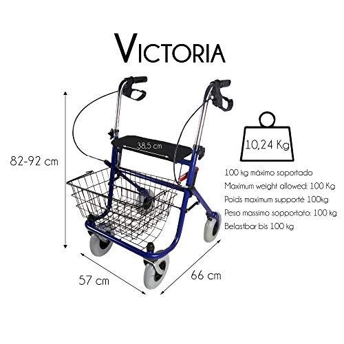 Mobiclinic , Modelo Victoria , Andador para mayores, ancianos, minusvalidos o adultos, de aluminio, ligero, plegable, con asiento y 4 ruedas , Color Azul