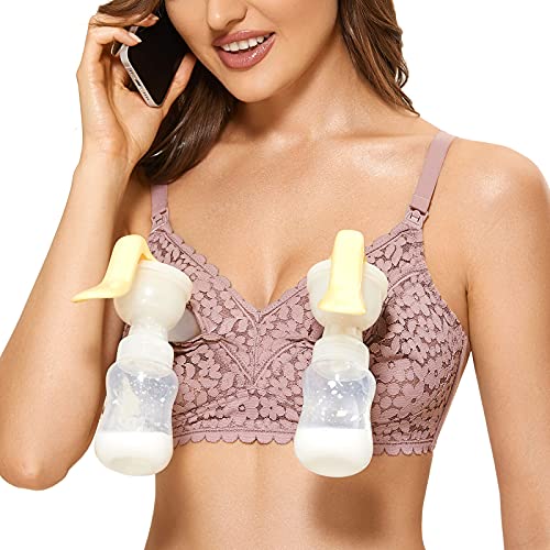 MOMANDA Sujetador Lactancia Manos Libres Breastpump Enfermería Lace sin Aros All in One para Mujer Rosa Marrón 95E