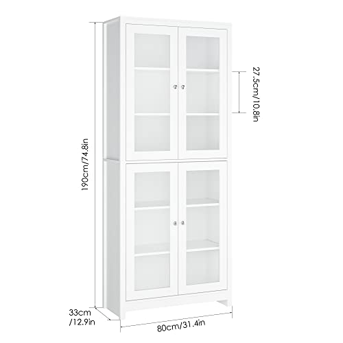 Mueble Vitrina de Cristal, Aparador Cocina, Estanteria para Libros, para Salón, Oficina, Estudio, con 6 Estantes 4 Puertas, Madera y Cristal, Blanco, 80x33x190cm