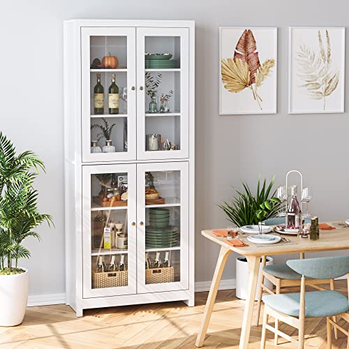 Mueble Vitrina de Cristal, Aparador Cocina, Estanteria para Libros, para Salón, Oficina, Estudio, con 6 Estantes 4 Puertas, Madera y Cristal, Blanco, 80x33x190cm