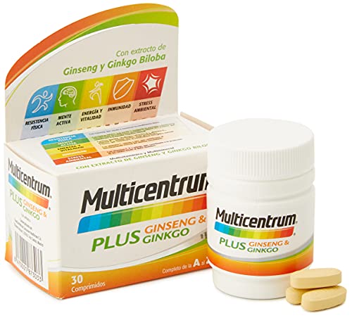 Multicentrum Plus Ginseng & Ginkgo, Complemento Alimenticio Multivitaminas con 13 Vitaminas, 11 Minerales, Ginseng y Ginkgo Biloba, Sin Gluten, 30 Comprimidos