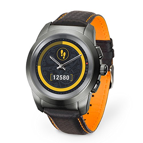 MyKronoz ZeTime Premium Reloj Inteligente híbrido 44mm con Agujas mecánicas sobre una Pantalla a Color táctil – Regular Cepillado Titanio/Costura Naranja y Negro Carbon