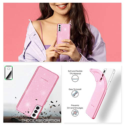 NALIA Claro Estuche Brillo Compatible con Samsung Galaxy S21 Funda, Translucido Carcasa Protectora Purpurina Clear Glitter Case Silicona, Delgado Bling Cover Resistente Proteccion, Color:Pink Rosa