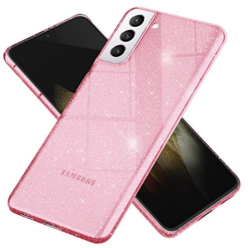 NALIA Claro Estuche Brillo Compatible con Samsung Galaxy S21 Funda, Translucido Carcasa Protectora Purpurina Clear Glitter Case Silicona, Delgado Bling Cover Resistente Proteccion, Color:Pink Rosa