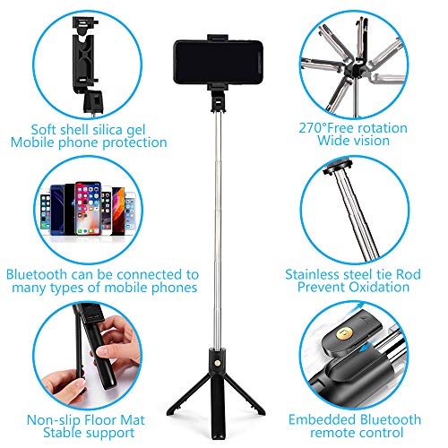 Naohiro Palo Selfie Trípode，mini 3 en 1 palo selfie，selfie stick expandible, con control remoto Wireless, adecuado para iPhone, Android, Samsung y otros teléfonos inteligentes de 4.7-6 pulgadas