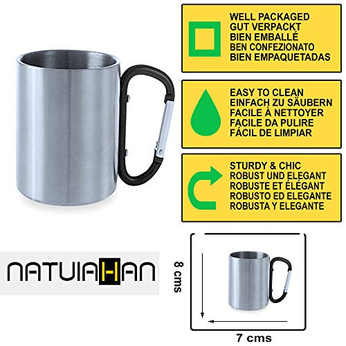 Natuiahan Taza Premium de Acero Inoxidable Metálico Vaso de Camping para Beber de Metal, sin BPA, de 210 ml. Asa de Mosquetón Negro. Incluye Caja de Regalo