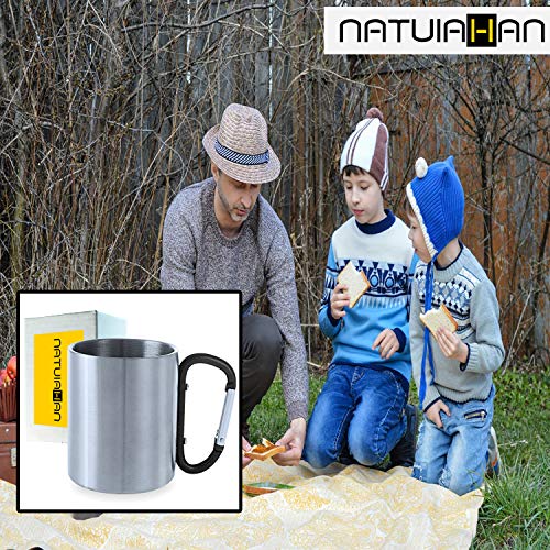 Natuiahan Taza Premium de Acero Inoxidable Metálico Vaso de Camping para Beber de Metal, sin BPA, de 210 ml. Asa de Mosquetón Negro. Incluye Caja de Regalo