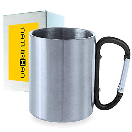 Natuiahan Taza Premium de Acero Inoxidable Metálico Vaso de Camping para Beber de Metal, sin BPA, de 210 ml. Asa de Mosquetón Negro. Incluye Caja de Regalo