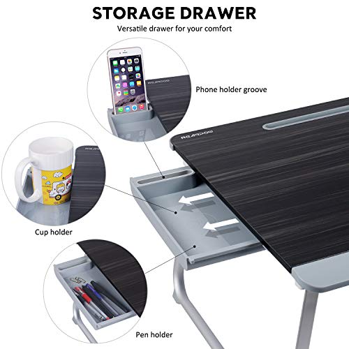 NearPow [Tamaño Grande] Mesa Ordenador Cama Mesa Portatil Ordenador con Cajón y Soporte de Libros Mesa Plegable Cama para Estudiar Comer Pintar(Negra)