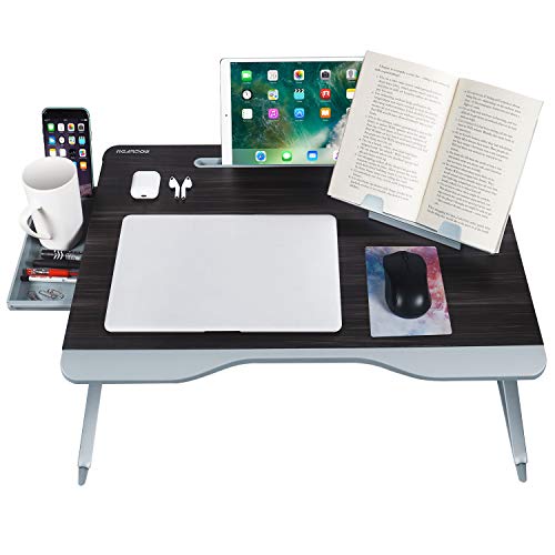 NearPow [Tamaño Grande] Mesa Ordenador Cama Mesa Portatil Ordenador con Cajón y Soporte de Libros Mesa Plegable Cama para Estudiar Comer Pintar(Negra)