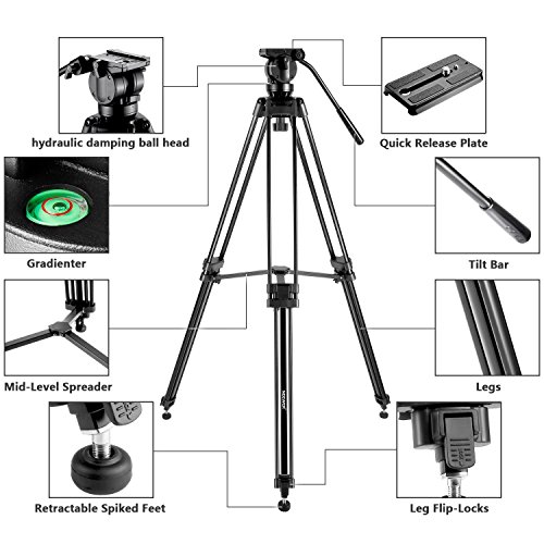 Neewer Professional 155cm Trípode de Cámara Video de Aleación de Aluminio con Cabeza de Arrastre de Fluido de 360 Grados, Placa de Liberación Rápida de 1/4" y 3/8" y Nivel de Burbuja, Carga hasta 6kg