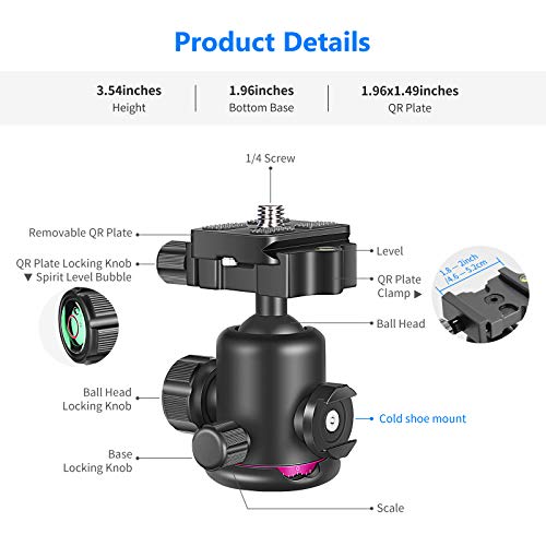 Neewer Soporte de Trípode con Cabeza Esférica con Soporte para Micrófono/Luz de Zapata Fría Cabeza Esférica Panorámica Giratoria de 360 Grados con Placa Liberación Rápida 1/4 Carga hasta 8kg