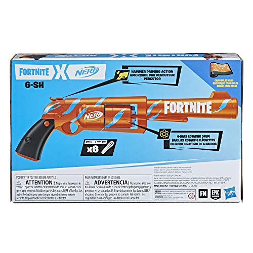 Nerf Lanzador Fortnite 6-SH - Pulso de Camuflaje - con Martillo y Tambor Giratorio de 6 Dardos - Incluye 6 Dardos Oficiales Elite