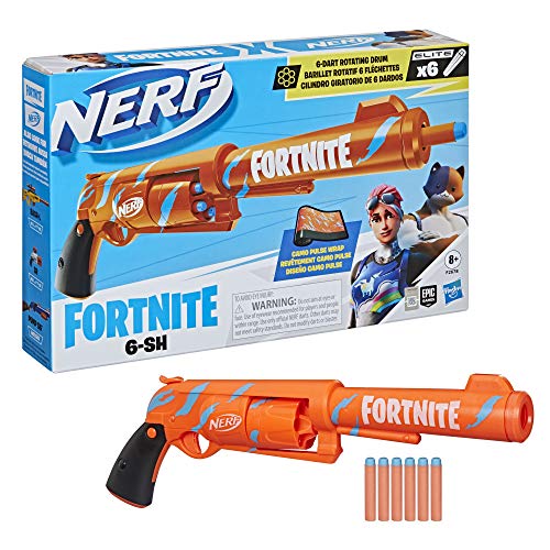 Nerf Lanzador Fortnite 6-SH - Pulso de Camuflaje - con Martillo y Tambor Giratorio de 6 Dardos - Incluye 6 Dardos Oficiales Elite