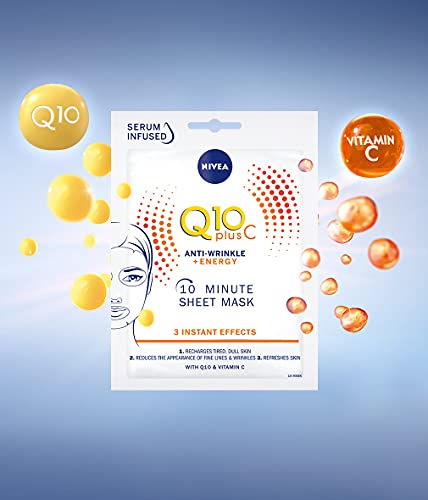 NIVEA Q10 + C Power Anti-Arrugas + Máscara de hoja de energía (1 pieza), máscara hidratante antienvejecimiento con vitamina C, máscara facial con coenzima Q10, máscara de crema antiarrugas