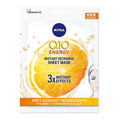 NIVEA Q10 + C Power Anti-Arrugas + Máscara de hoja de energía (1 pieza), máscara hidratante antienvejecimiento con vitamina C, máscara facial con coenzima Q10, máscara de crema antiarrugas